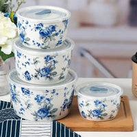 4-Piece Ceramic Bowl Set with Floral Pattern & Silicone Sealed Lid