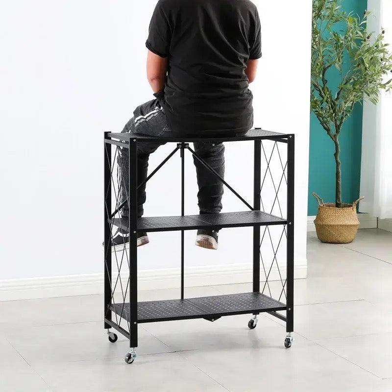 3 Layer Foldable Mobile Wheels Storage Cart, Large Iron Multifunctional Living Room Rack, Multilayer Bookshelf Display Kitchen Storage Rack, Metal Shelving Units Storage Racks with Lockable Wheels, Kitchen Home Space Saving Organizer