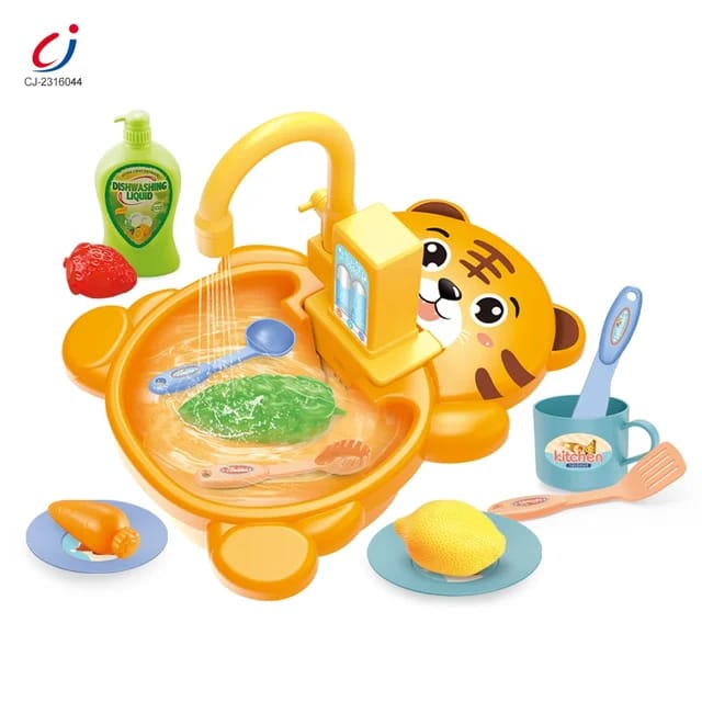 Electric Kitchen Sink Toy, Children's Simulation Sink with Fruit & Tableware Toy, Dishwasher Play Kitchen Kit
