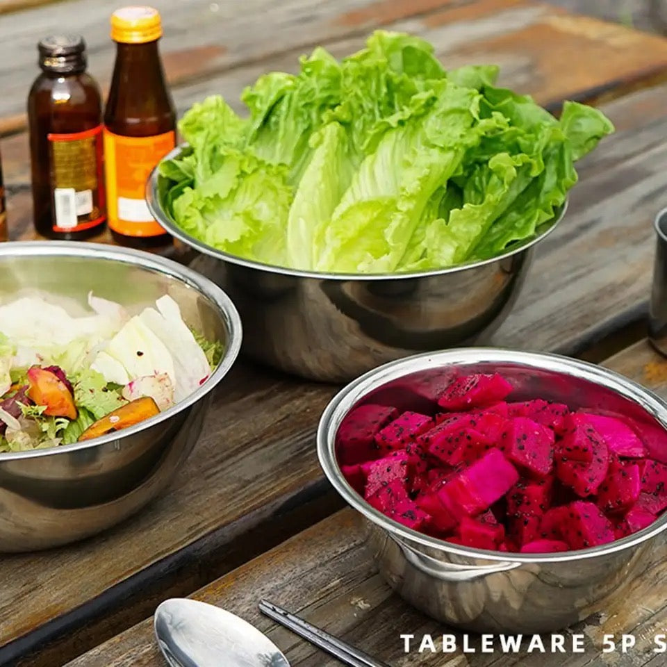 Set Of 5 Metal Mixing Bowls, Non Slip Nesting Whisking Bowls Set, Mixing Bowls For Salad Cooking Baking Food Container, Stackable Portable Cooking Nesting Storage Bowls For Home Kitchen Outdoor Camping, Rust-proof Food Storage Prep Bowl