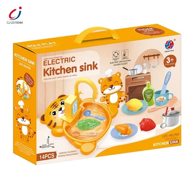 Electric Kitchen Sink Toy, Children's Simulation Sink with Fruit & Tableware Toy, Dishwasher Play Kitchen Kit