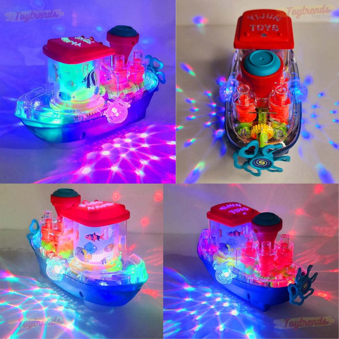 Gear Land Ship, Musical Toy Boat with Colorful Light, Transparent Rotatable Concept Boat, Underwater World Cruise Ship Toy For Kid, Battery Operated Toy Boat with Rotating Fishing Lamp Toy, Children's Toy Boat