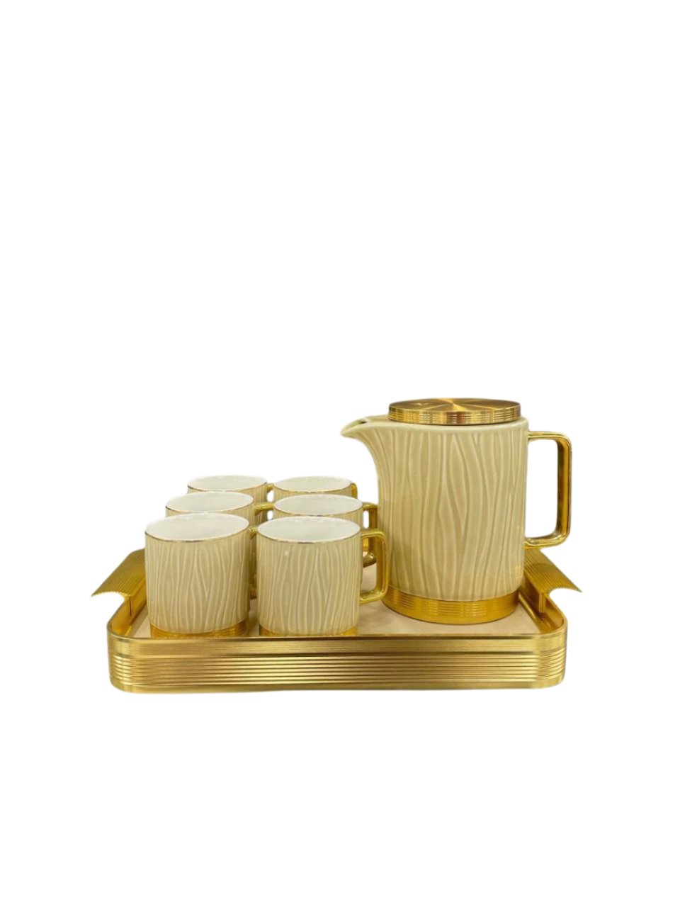 Modern Ceramic Teaset with Metallic Tray – Elegant Tea Set with Coffee Pot & Cups