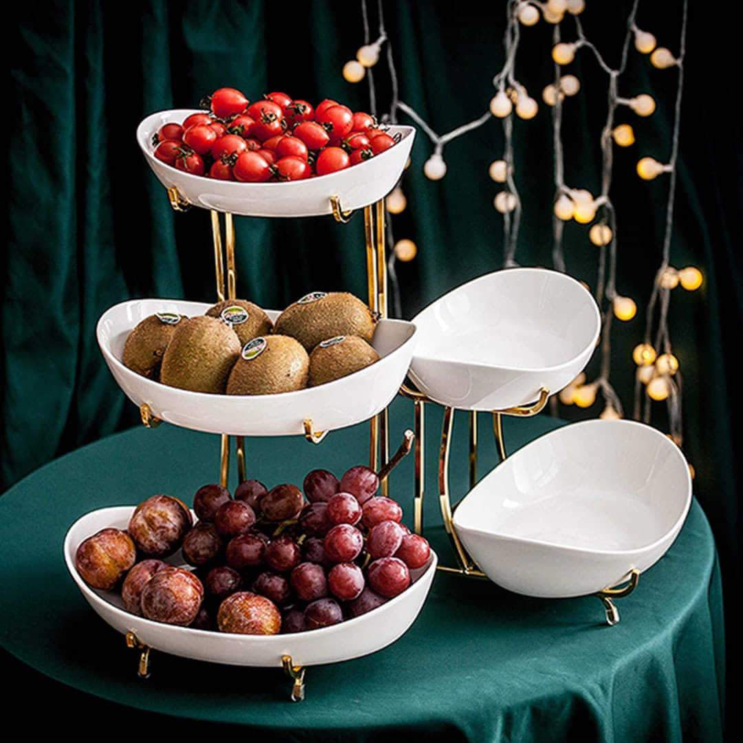 3/2  tier Nordic Imported White Serving Platters With Golden Stand