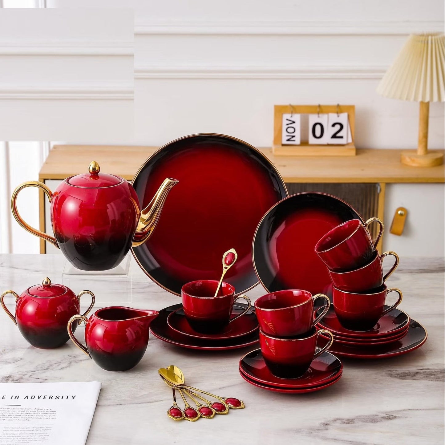 New Tea & Cake Set - Red & Black