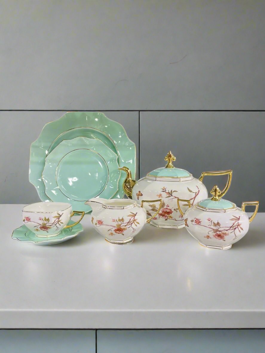 Modern Ceramic Floral Teaset (White & Green) – Elegant Tea Set with Plates, Cups & Saucer – HaulJunction