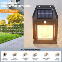 Solar Tungsten Filament Lamp, Waterproof Intelligent Induction Lantern, Wireless Dusk to Dawn Porch Light, Outdoor Wall Light with Motion Sensor, Courtyard Garden Villa Lighting Night Light, Sunlight Prowered Motion Sensor Lamp