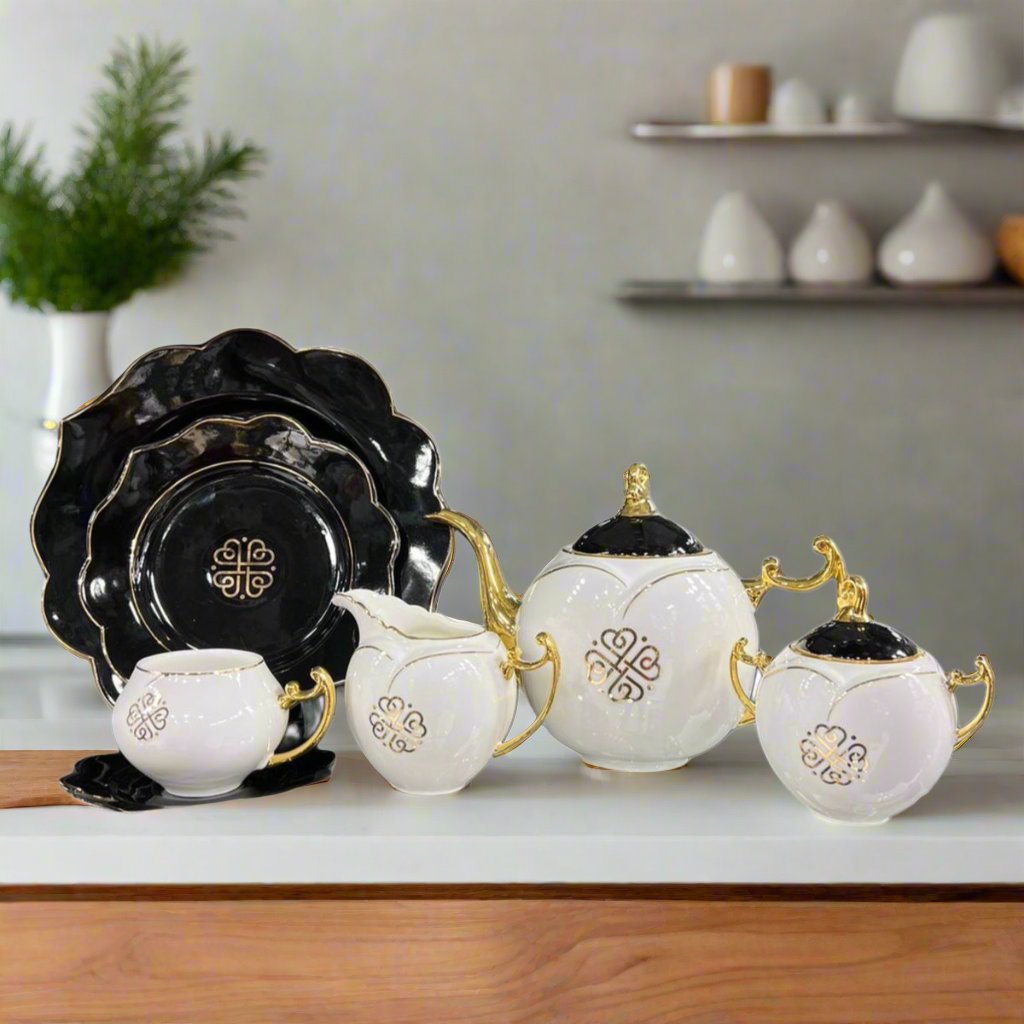 Modern Ceramic Floral Teaset (White & Black) - 18 Pieces