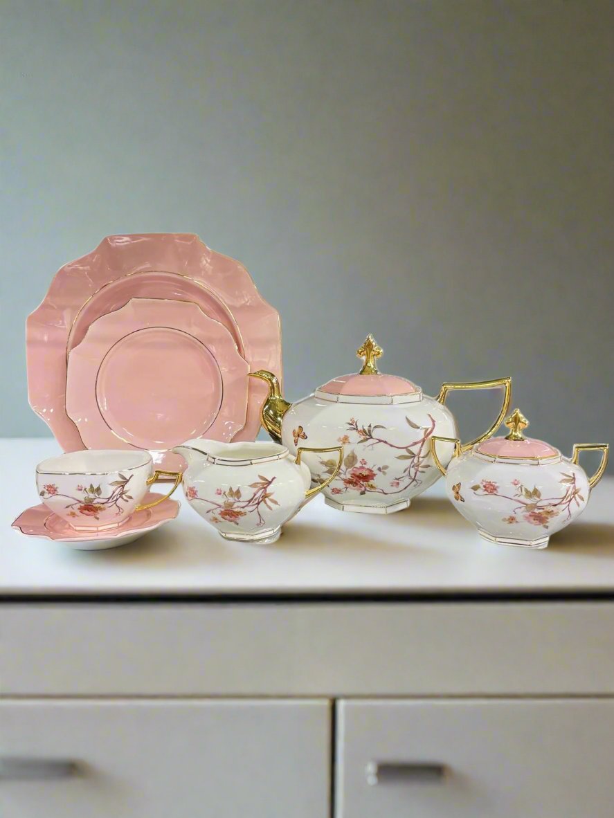 Modern Ceramic Floral Teaset (White & Pink) – 18 Pcs Set