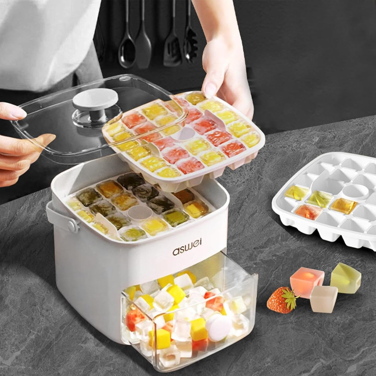 Pressing Ice Cube Molds with Lid & Trash Can – Food-Grade PP Material, Easy Release