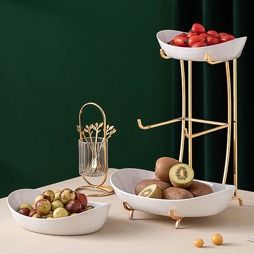 3/2  tier Nordic Imported White Serving Platters With Golden Stand