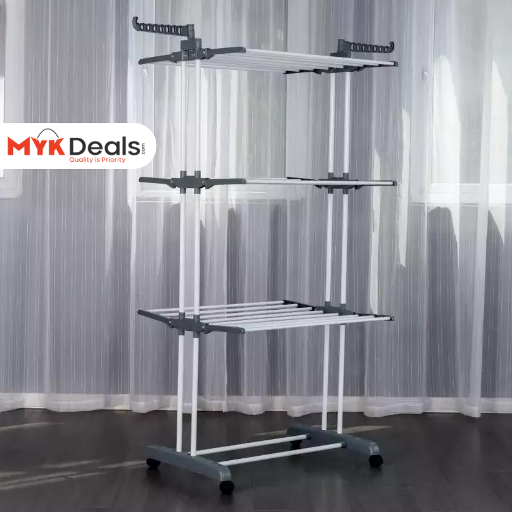3 Layer Foldable Wing Drying Rack, Double Pole Movable Clothes Rack, Floor Mobile Folding Clothes Rack, Simple Home Cloth Drying Holder, Telescopic Household Laundry Rack, Stacked Wing Drying Rack