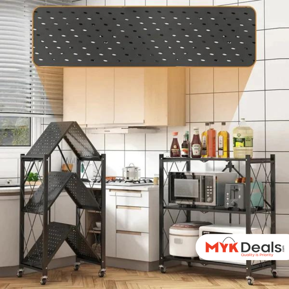3 Layer Foldable Mobile Wheels Storage Cart, Large Iron Multifunctional Living Room Rack, Multilayer Bookshelf Display Kitchen Storage Rack, Metal Shelving Units Storage Racks with Lockable Wheels, Kitchen Home Space Saving Organizer
