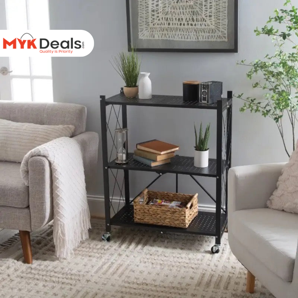 3 Layer Foldable Mobile Wheels Storage Cart, Large Iron Multifunctional Living Room Rack, Multilayer Bookshelf Display Kitchen Storage Rack, Metal Shelving Units Storage Racks with Lockable Wheels, Kitchen Home Space Saving Organizer