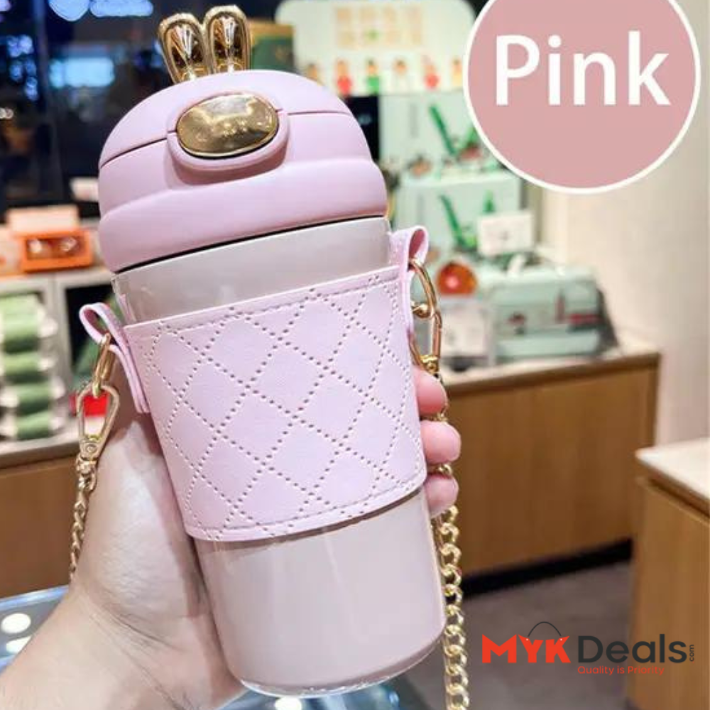 Cute Rabbit Ear Water Bottle 420ml with Straw for Girl Fashion Summer