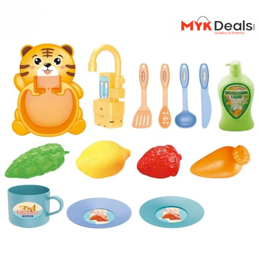 Electric Kitchen Sink Toy, Children's Simulation Sink with Fruit & Tableware Toy, Dishwasher Play Kitchen Kit