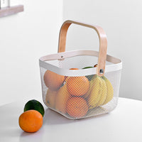 Kitchen Organizer Metal Wire Mesh Fruit Storage Basket with Wooden Handle