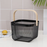 Kitchen Organizer Metal Wire Mesh Fruit Storage Basket with Wooden Handle