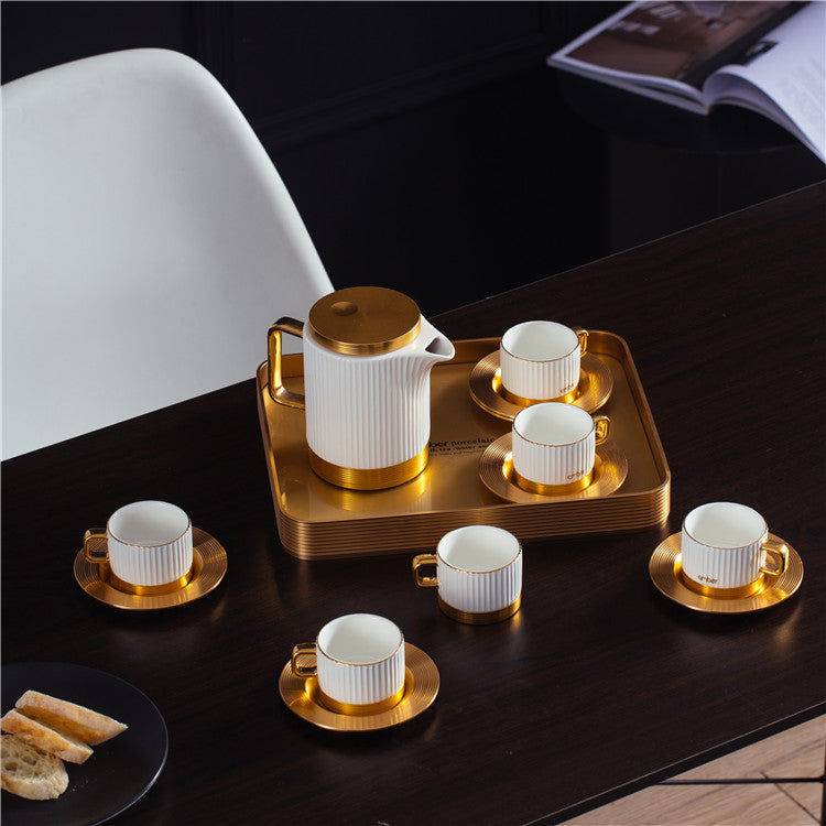 Modern Ceramic Teaset with Metallic Tray – Elegant Tea Set with Coffee Pot & Cups