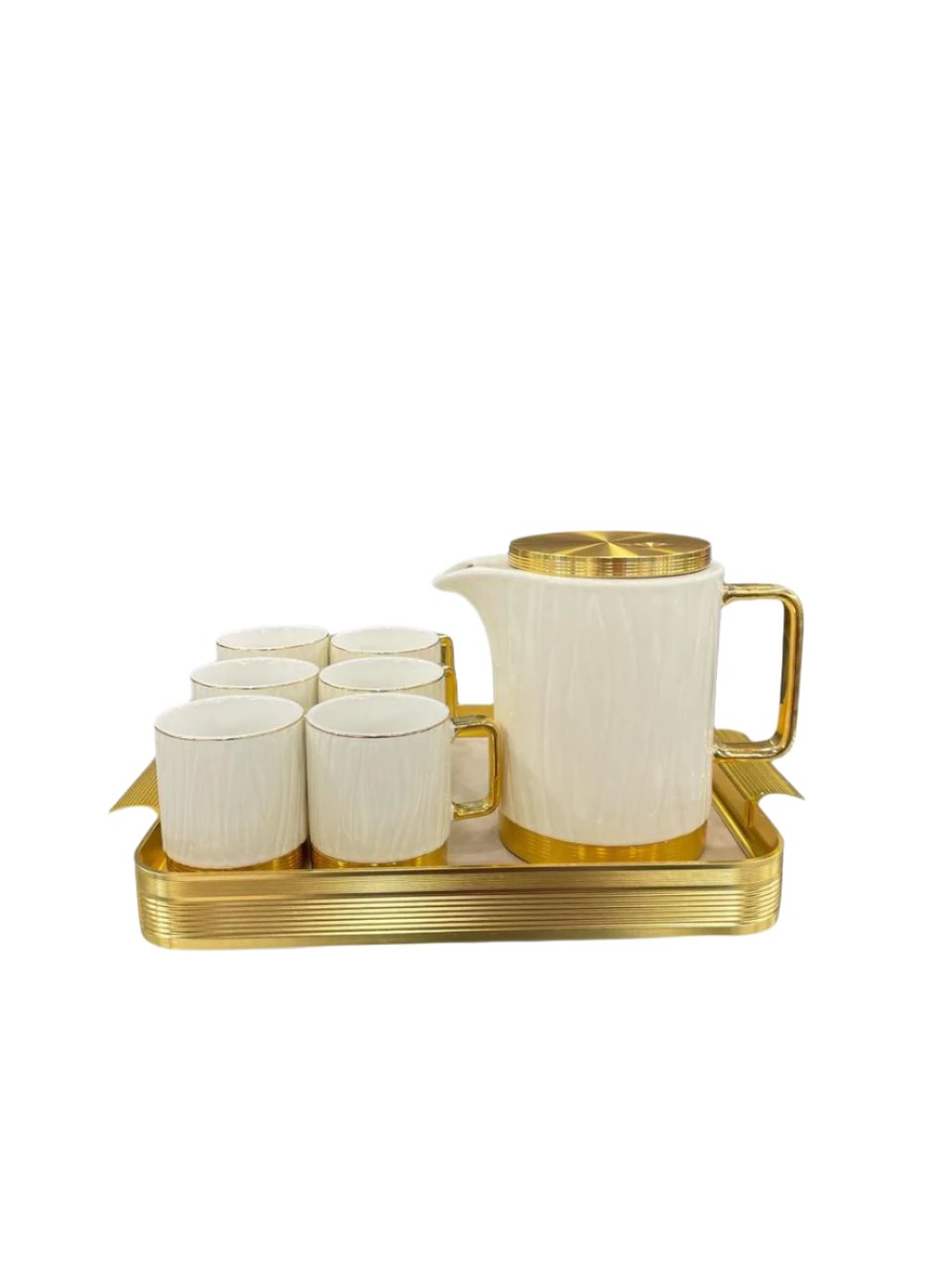 Modern Ceramic Teaset with Metallic Tray – Elegant Tea Set with Coffee Pot & Cups