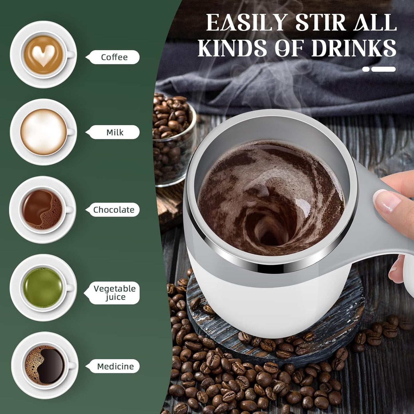 Self Stirring Coffee Mug,  Automatic Magnetic Stirring Coffee Cup, 380mL Auto Mixing Mug with Lid, Rechargeable Magnetic Coffee Mug, Electric Smart Mixer Coffee Cup, Stainless Steel Self Mixing Coffee Cup, Portable Stirring Cup