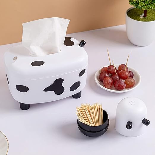 Happy Cow Tissue Box With Holder, Plastic Toothpicks Tissue Dispenser, Cartoon Cow Decorative Plastic Tissue Box, 2 in 1 Multifunctional Toothpick Holder Tissue Box, Facial Paper Dispenser Organizer for Bathroom Home