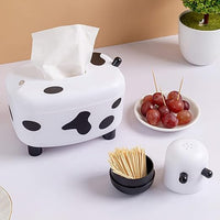 Happy Cow Tissue Box With Holder, Plastic Toothpicks Tissue Dispenser, Cartoon Cow Decorative Plastic Tissue Box, 2 in 1 Multifunctional Toothpick Holder Tissue Box, Facial Paper Dispenser Organizer for Bathroom Home
