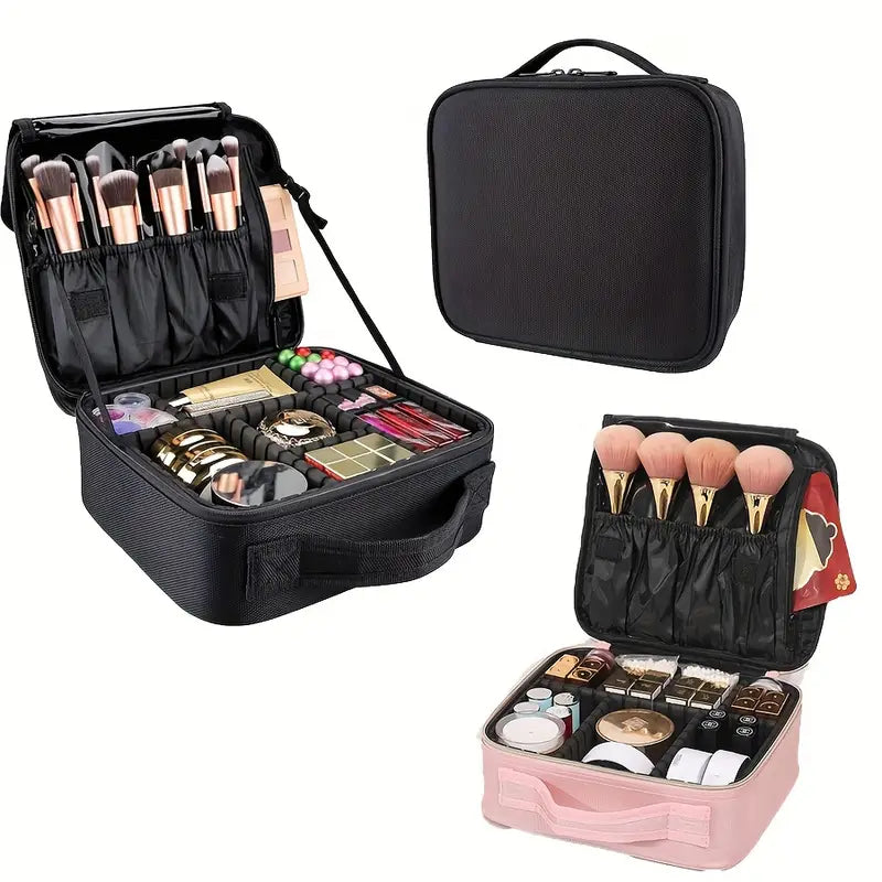 Professional Travel Makeup Bag, Portable Cosmetic Bag With Adjustable Dividers, Makeup Suitcase For Women