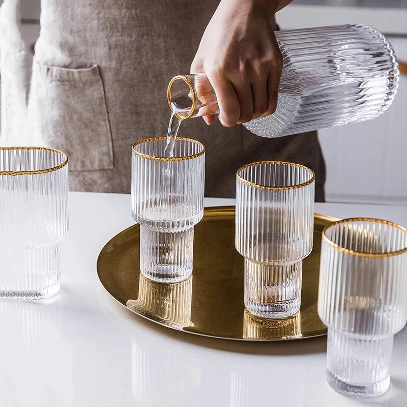 Jug and Glass Water Sets of 5- Vertical Stripe Fluted Bottom Design