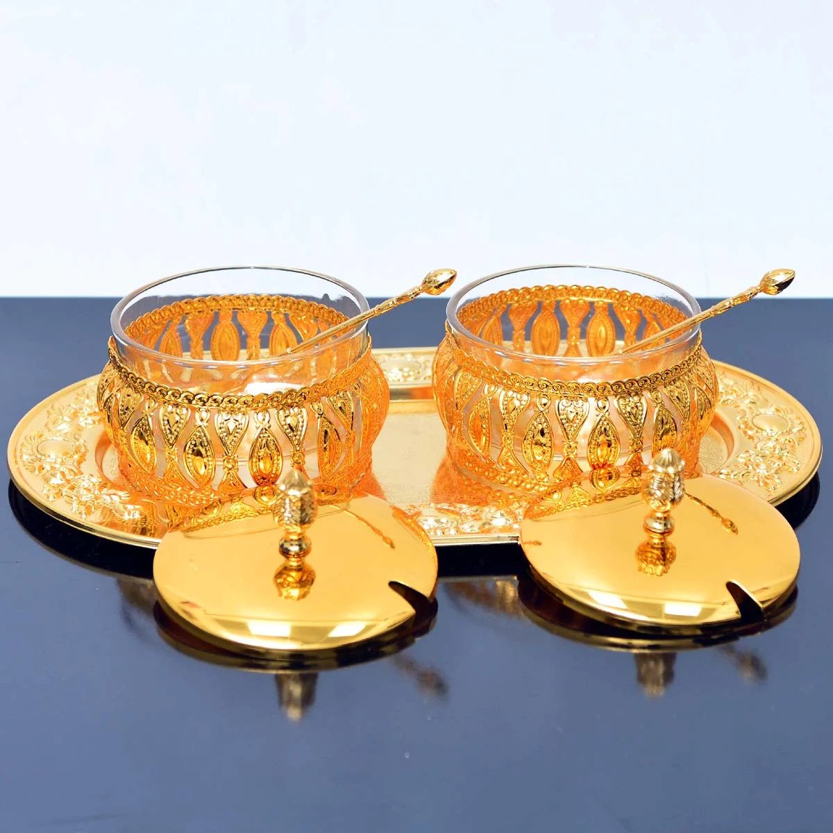 Stainless Steel Royal Golden Sugar Pots with Tray And Spoons