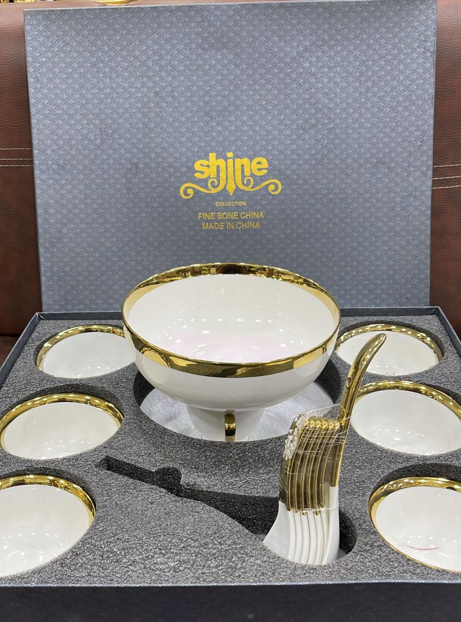 7pcs Fine Bone Soup & Salad Bowls - White & Golden