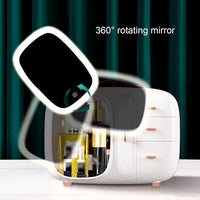 Modern Makeup Organizer Box With Led Mirror, Desktop Cosmetic Storage Box, Cosmetics Storage Display Rack with Drawer, Waterproof Dustproof Makeup Storage Box with Mirror, Makeup Skin Care Box with LED Lighted Mirror for Bathroom Dresser and Vanity