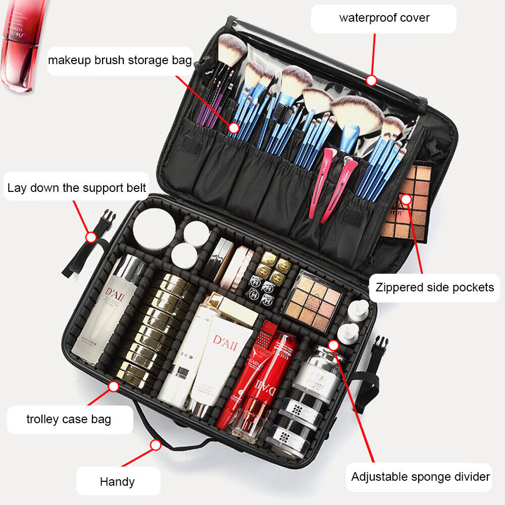 Professional Travel Makeup Bag, Portable Cosmetic Bag With Adjustable Dividers, Makeup Suitcase For Women