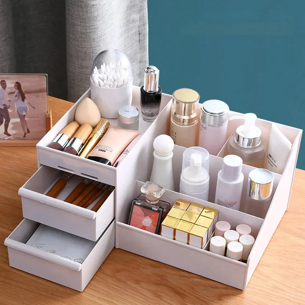 Dresser Table Makeup Box, Desktop Cosmetic Storage Box With Drawer, Makeup Sundries Storage Organizer, Cabinet Sorting Box, Jewelry Nail Polish Makeup Drawer Container, Multifunctional Divisions Desk Organizer, Drawer Head Ornament Sorting Make Up Box