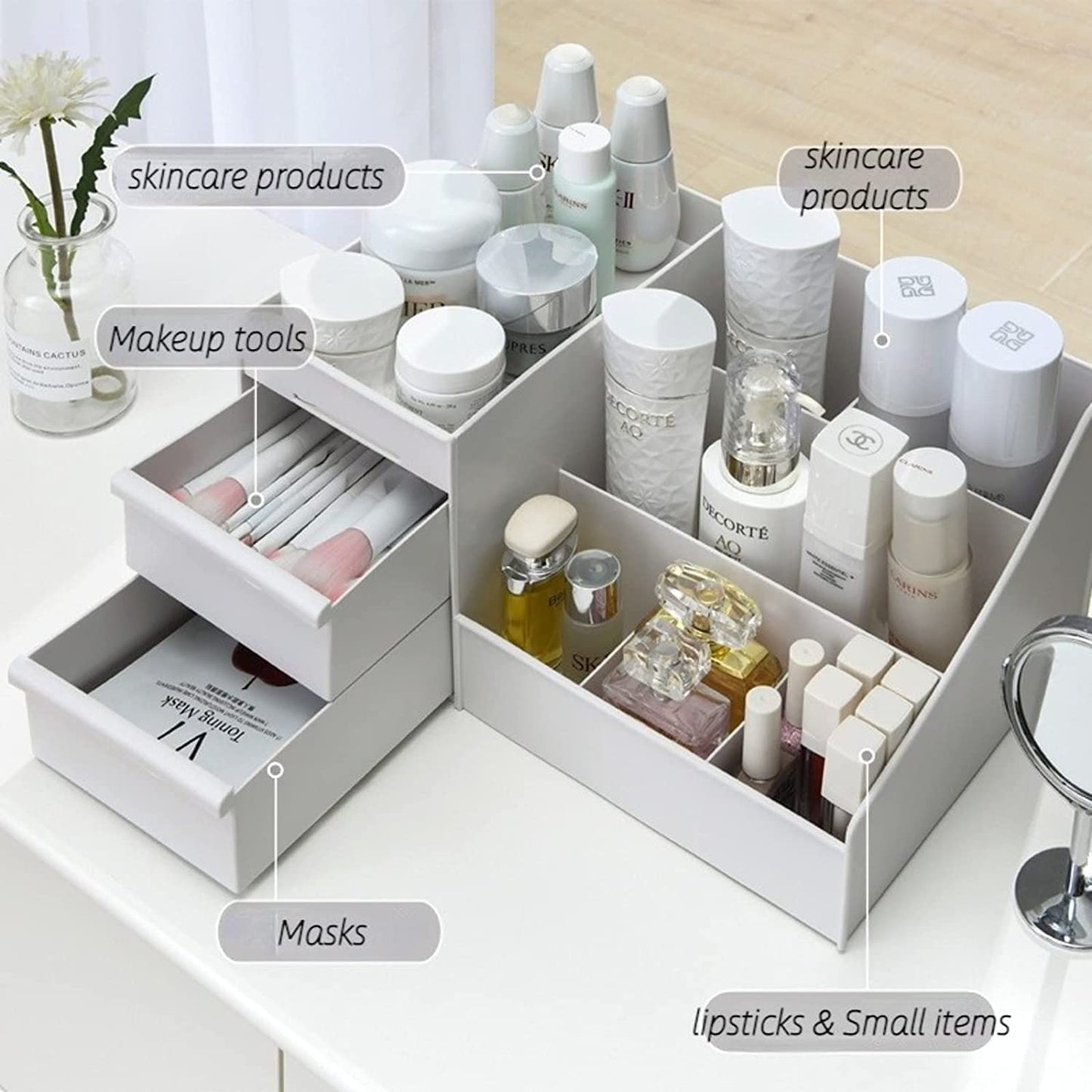 Dresser Table Makeup Box, Desktop Cosmetic Storage Box With Drawer, Makeup Sundries Storage Organizer, Cabinet Sorting Box, Jewelry Nail Polish Makeup Drawer Container, Multifunctional Divisions Desk Organizer, Drawer Head Ornament Sorting Make Up Box
