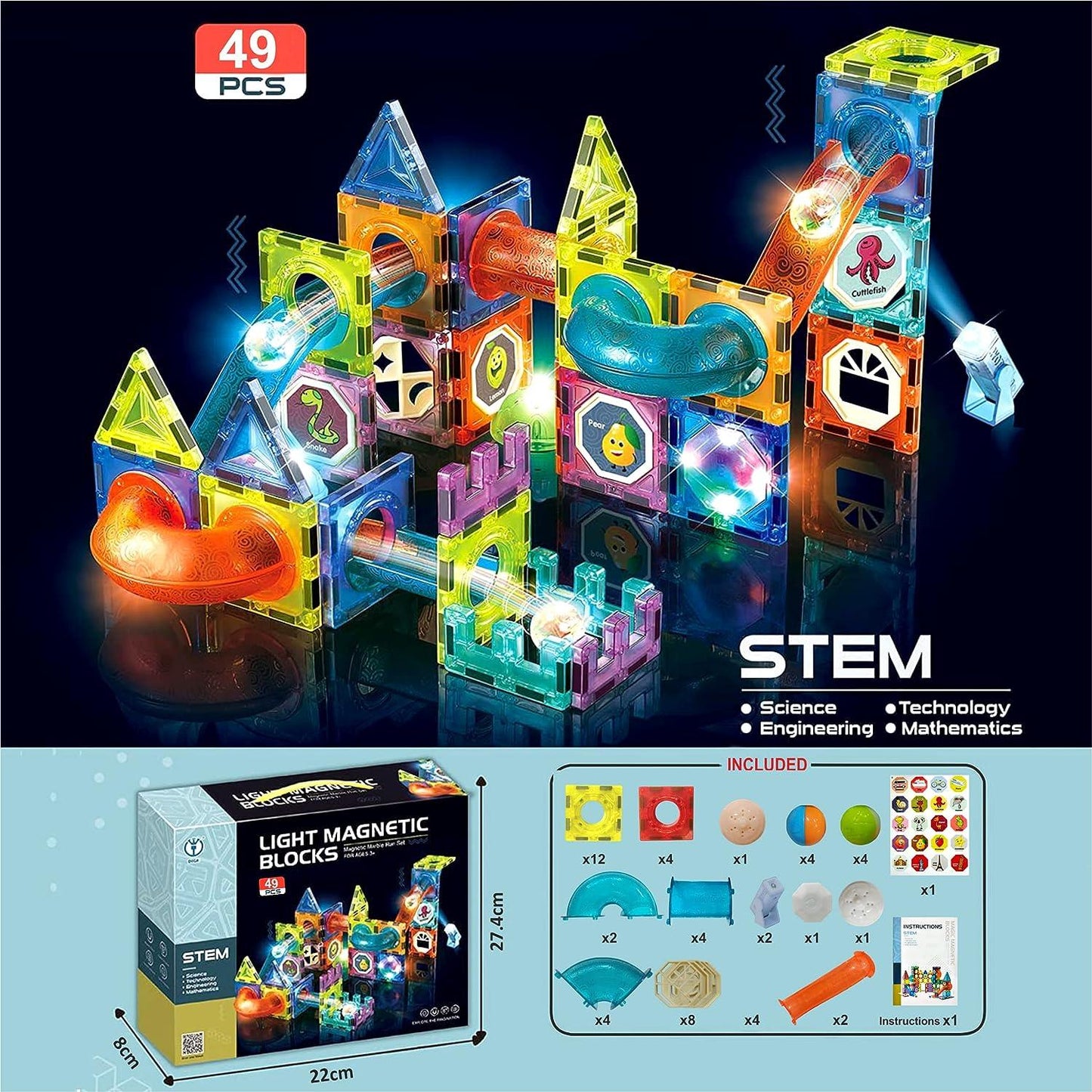 STEM Light Magnetic Blocks 49pcs Learning Toy For Kids