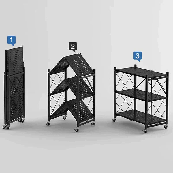 3 Layer Foldable Mobile Wheels Storage Cart, Large Iron Multifunctional Living Room Rack, Multilayer Bookshelf Display Kitchen Storage Rack, Metal Shelving Units Storage Racks with Lockable Wheels, Kitchen Home Space Saving Organizer
